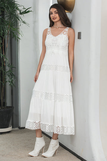 Enkel te-lengde blonder hvit ermeløs Boho Beach Holiday Dress